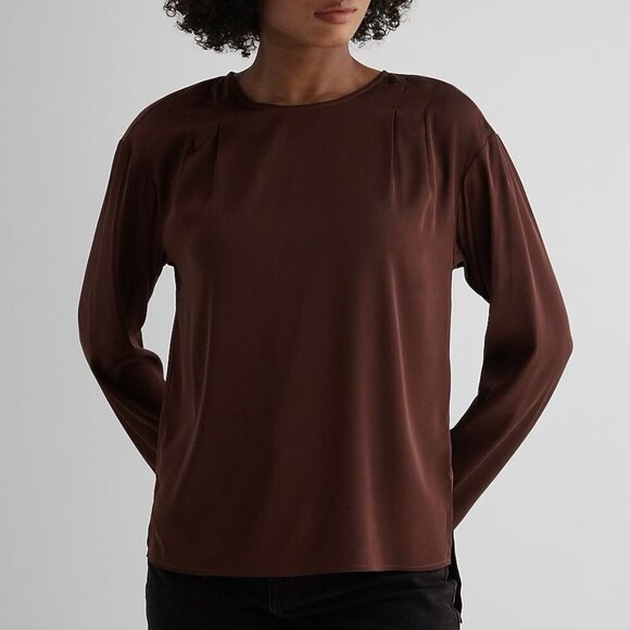 Express Womens Satin Long Sleeve Pleated Gramercy Tee Rich Mocha Size XS NWT $54 - Picture 1 of 16